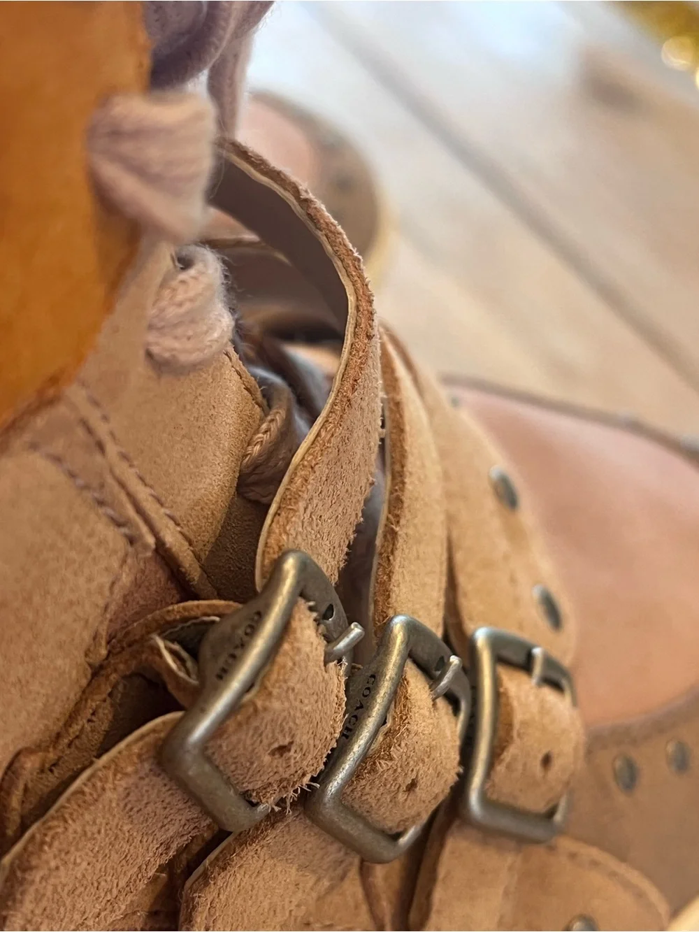 COACH G3887 Women’s 11B Suede High Top Sneakers Beige/Brown Lace-Up Buckle Zip